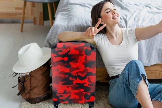 Korting 🤩 MuchoWow Koffer - Camouflage - Rood - Patronen - Past Binnen 55x40x20 Cm En 55x35x25 Cm - 👜 Handbagage - Trolley - Fotokoffer 😉 - Afbeelding 2