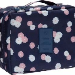 Beste deal 🧨 Fako Fashion® - Make Up Tasje Rechthoek - Cosmetica Organizer - Toilettas - 21x16x8cm - Bloemen Navy Blauw 😀