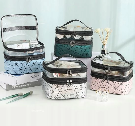 Beste recensies van β€οΈ Ecarl 2 Vaks Cosmetica Oganizer + Handvat - Cosmetica Etui - Bloemen Tasje - Travel Toilet Bag - Toilet Tas - Make Up Organizer - Blauw Geometrische Patronen π― - Afbeelding 6