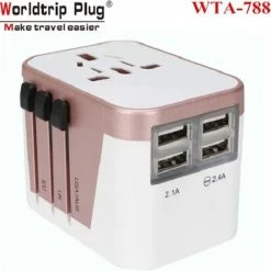Beste deal 🧨 Merkloos Universele Wereldstekker Met USB-C En 4 USB Poorten - Internationale Reisstekker Voor 150+ Landen-Australië - Zuid Amerika-Engeland (UK) - Amerika (USA) - Reis Adapter - Wereld Stekker - Oplader –wit Met Roze ✨
