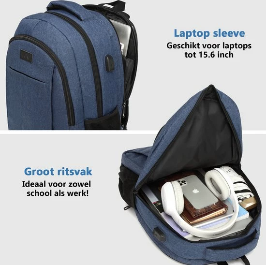 Gloednieuw β€οΈ Kono Rugzak - Schooltas - 15,6 Inch Laptop Rugtas - Dames/Heren - 28L - Waterafstotend - Blauw βοΈ - Afbeelding 4