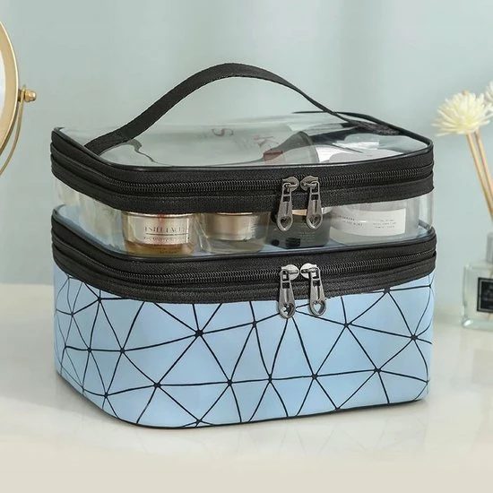 Beste recensies van β€οΈ Ecarl 2 Vaks Cosmetica Oganizer + Handvat - Cosmetica Etui - Bloemen Tasje - Travel Toilet Bag - Toilet Tas - Make Up Organizer - Blauw Geometrische Patronen π― - Afbeelding 3