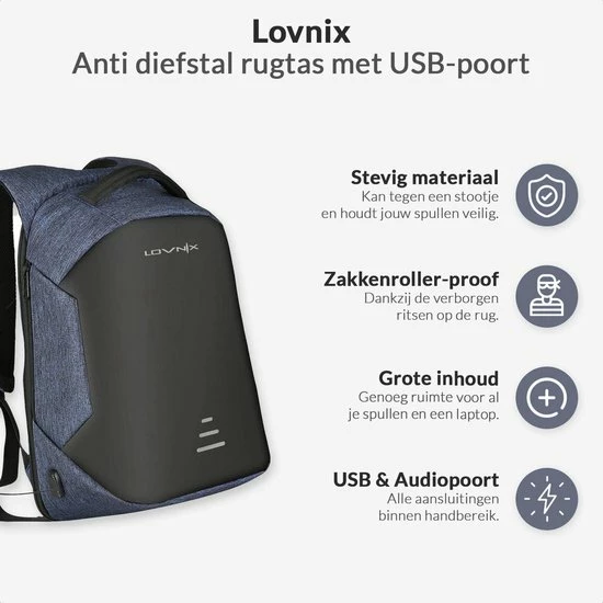 Goedkoop π― Lovnix - Anti Diefstal Rugzak - Inclusief Usb Oplaadstation En 3.5mm Audio Jack - 15 Inch Laptopvak - Blauw βοΈ 3 Goedkoop π― Lovnix - Anti Diefstal Rugzak - Inclusief Usb Oplaadstation En 3.5mm Audio Jack - 15 Inch Laptopvak - Blauw βοΈ - Afbeelding 3