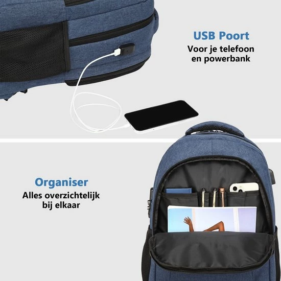 Gloednieuw β€οΈ Kono Rugzak - Schooltas - 15,6 Inch Laptop Rugtas - Dames/Heren - 28L - Waterafstotend - Blauw βοΈ - Afbeelding 3