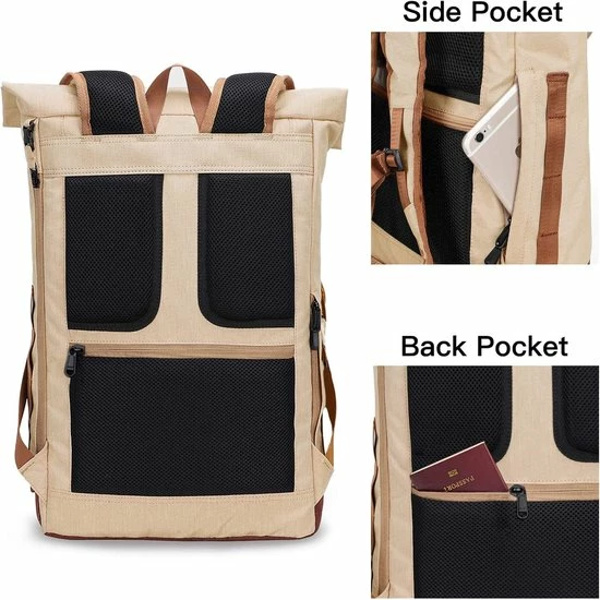 Kopen π Beige EverVanz Laptop Rugtas Vrouw & Man Roll Top Waterdicht Reizen Wandelen Rugzak Lichtgewicht Casual Dagrugzak Stijlvol Schooltas π - Afbeelding 6