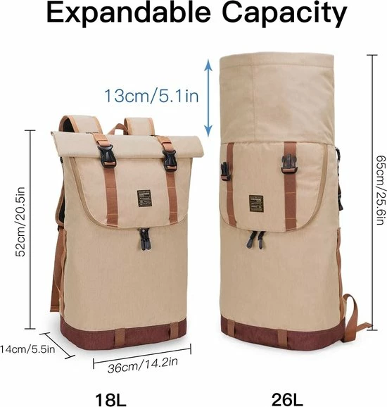 Kopen π Beige EverVanz Laptop Rugtas Vrouw & Man Roll Top Waterdicht Reizen Wandelen Rugzak Lichtgewicht Casual Dagrugzak Stijlvol Schooltas π - Afbeelding 4