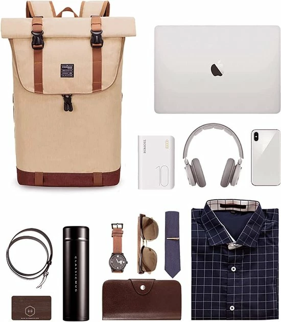 Kopen π Beige EverVanz Laptop Rugtas Vrouw & Man Roll Top Waterdicht Reizen Wandelen Rugzak Lichtgewicht Casual Dagrugzak Stijlvol Schooltas π - Afbeelding 3