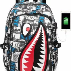 Beste deal 𧨠Wigsroyale Shark - Multi Kleur - Met USB Oplaadpoort - SchoolRugzak - π Backpack - 38L β
