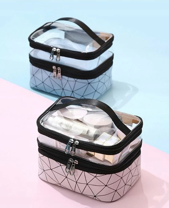 Beste recensies van β€οΈ Ecarl 2 Vaks Cosmetica Oganizer + Handvat - Cosmetica Etui - Bloemen Tasje - Travel Toilet Bag - Toilet Tas - Make Up Organizer - Blauw Geometrische Patronen π― - Afbeelding 2