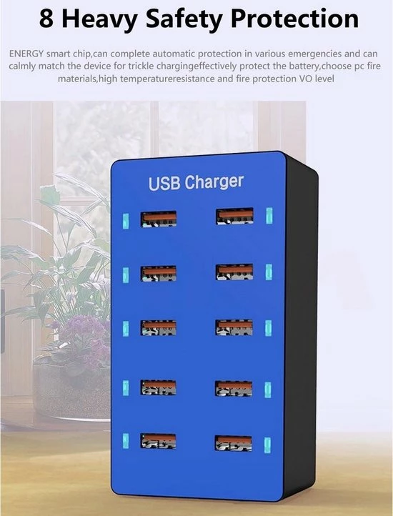 Top 10 π Equiteacher Equipower - Usb Lader 10 Ports - Met Overlaad Beveiliging - En Fan Koeling - Smart Ic - 50 Watt - 10 Usb Poorten β€οΈ - Afbeelding 3